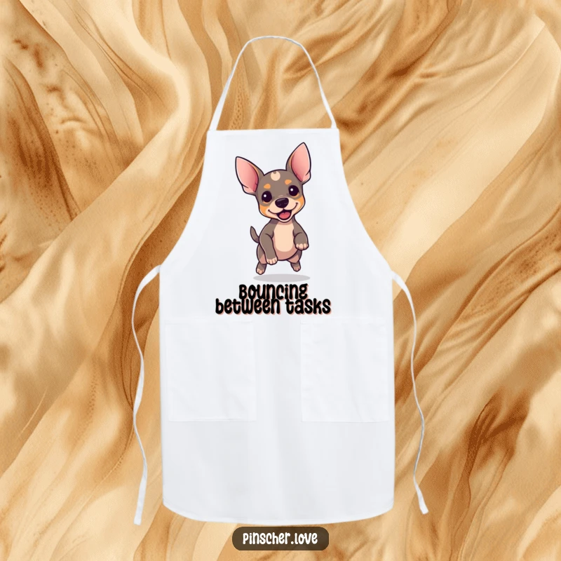 Funny Pinscher apron, culinary wear with a dog with perky ears bouncing excitedly, happy cook, unique kitchen gift.