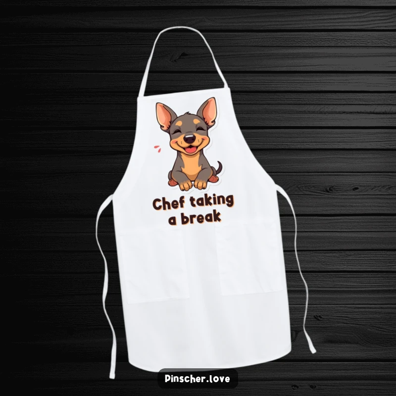 Funny Pinscher Apron: A Pinscher rests its head with a happy sigh, perfect for kitchen duties with humorous relaxation.