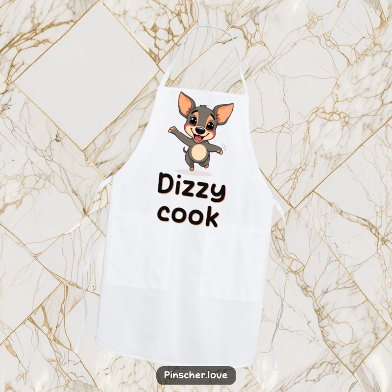 Funny Pinscher dog apron, spinning with delight and a blur of tail, perfect for kitchen fun.