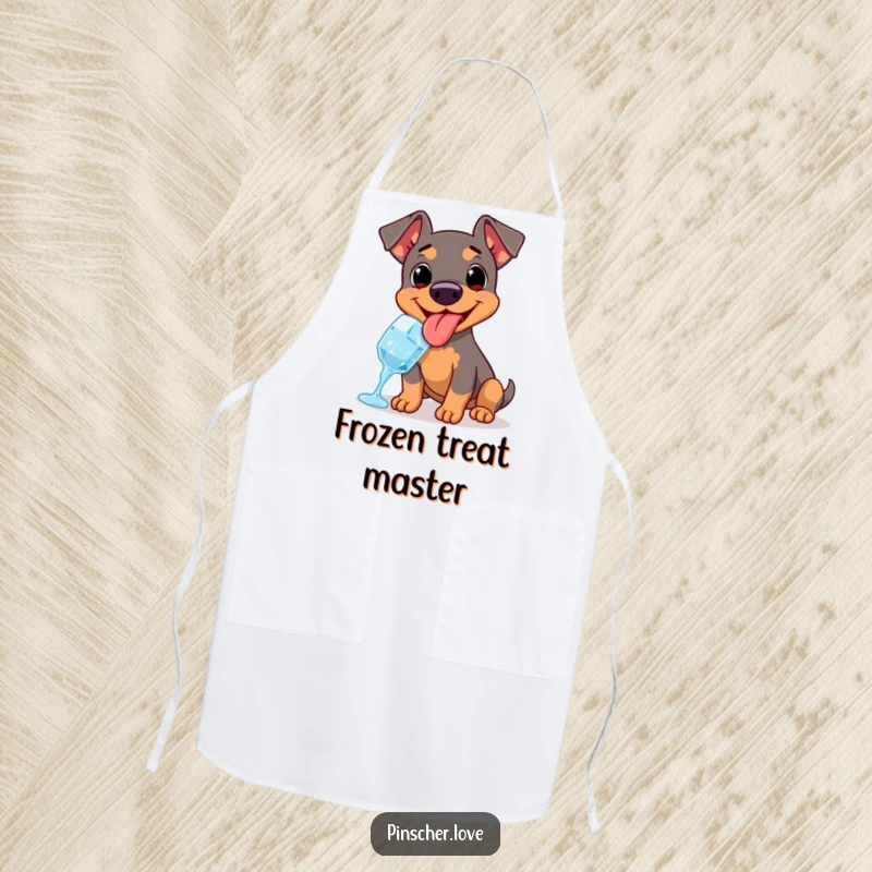 Funny kitchen apron featuring a happy Pinscher with a lolling tongue, enjoying a satisfying ice cube.