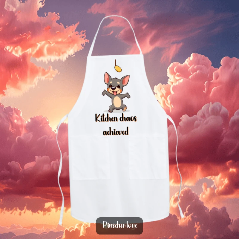 Funny Pinscher Apron: A pinscher comically falls while reaching for a dangling toy, making kitchen tasks hilariously entertaining.