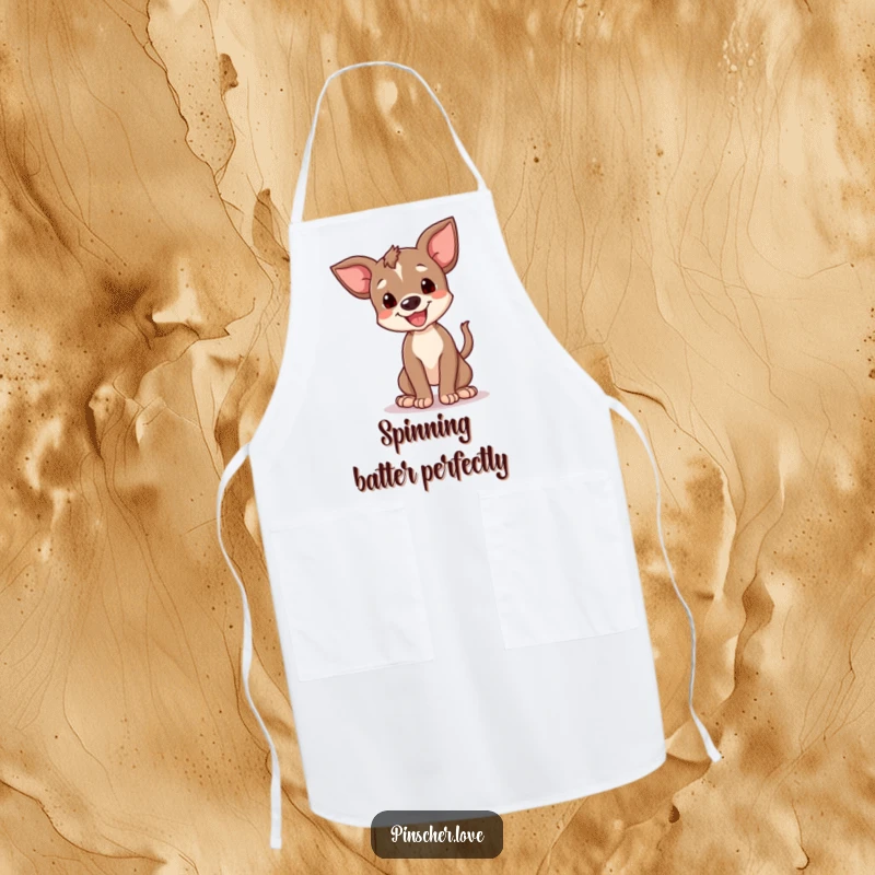 Funny happy pinscher cub apron, showing a small dog doing a funny spin with its tail, ready for kitchen duty. Humorous and practical.