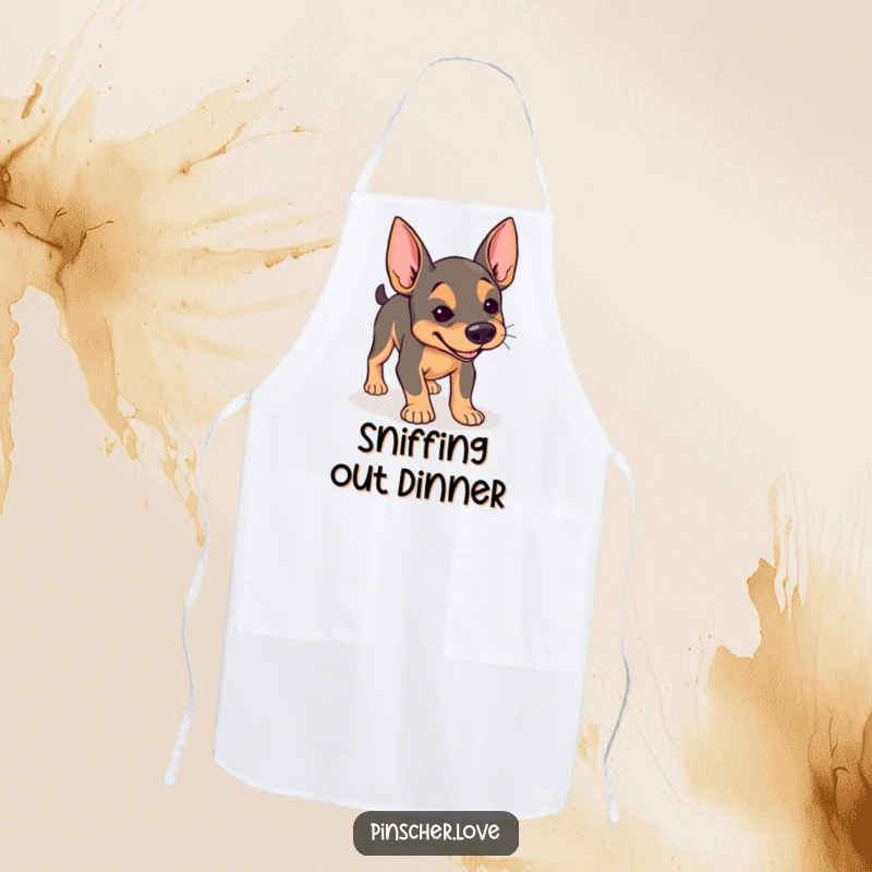 Funny Pinscher apron, chef wear with dog with determined expression joyfully sniffing the ground, culinary explorer, gift.