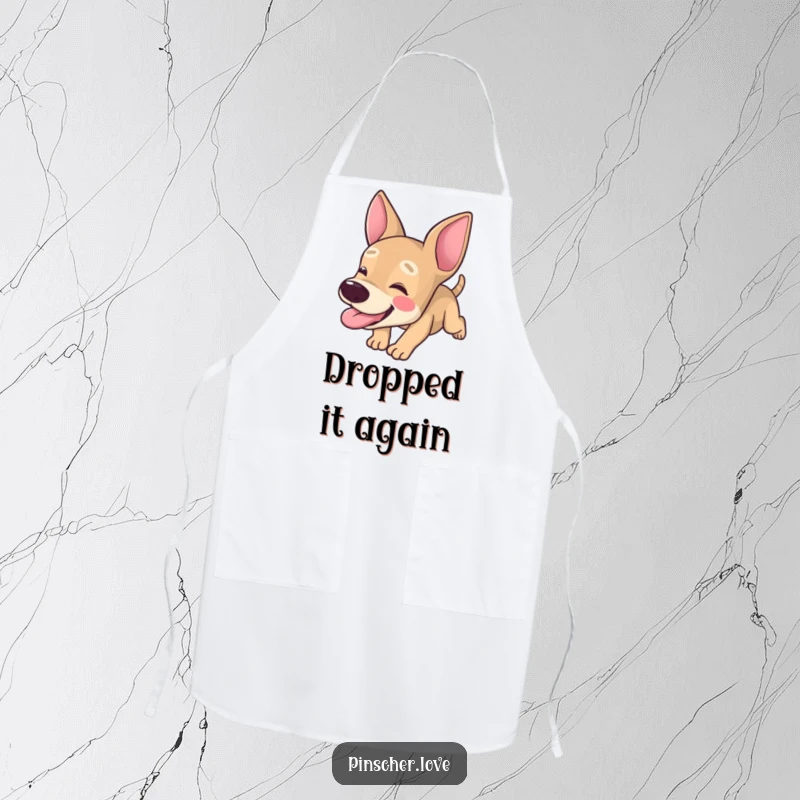 Funny Pinscher apron, chef wear with dog character tumbling forward with its tongue hanging out, kitchen silliness, gift.