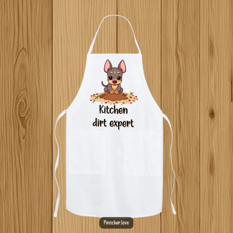Funny Pinscher Apron - A playful pinscher dog digging enthusiastically in the dirt, bringing humorous energy and a love for getting messy to the kitchen.