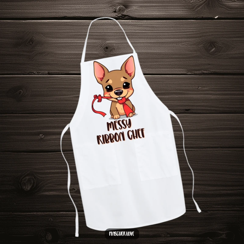 Funny Pinscher apron featuring a mischievous dog with a grin playfully holding a dangling red ribbon, adding humor to meal prep.