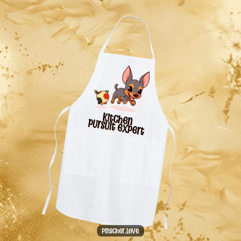 Funny apron featuring an energetic pinscher character chasing a small, fleeing toy with determined focus.