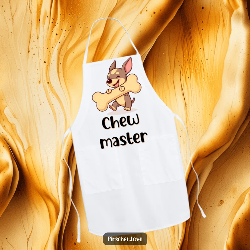 Funny Pinscher dog apron, energetically bouncing a giant squeaky bone, a fun addition to kitchen activities.