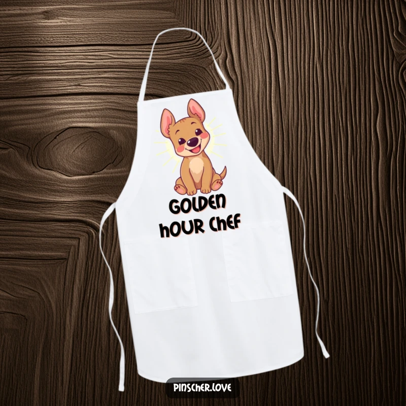 Funny Pinscher Apron: A happy pinscher dog rolls in a sunbeam, its bark full of joy, perfect for kitchen fun.