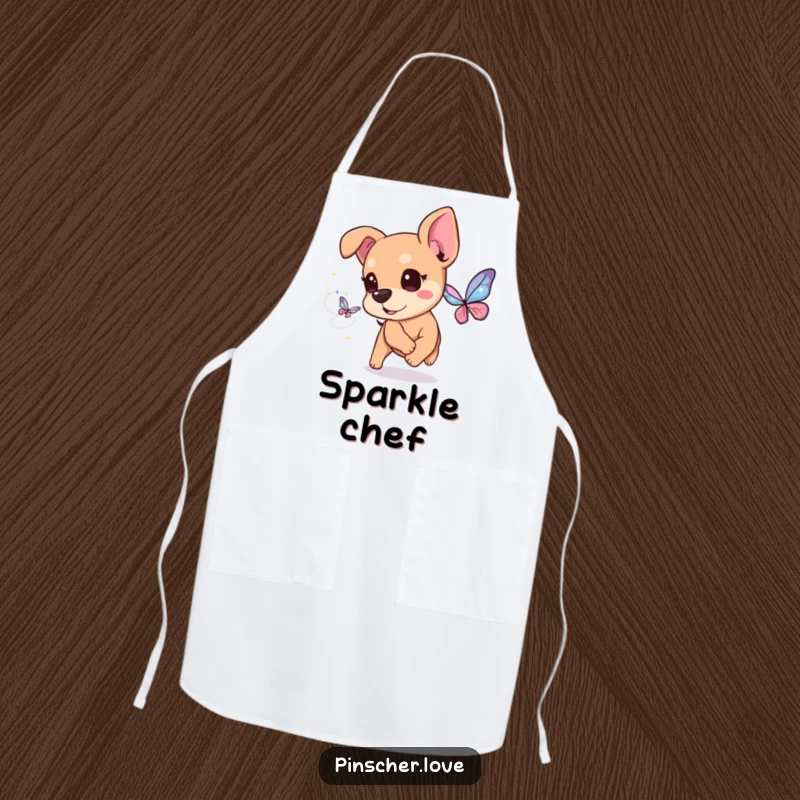 Funny Pinscher Apron: A cheerful pinscher dog with twinkling eyes chases a butterfly crafted from shimmering magical sparkles.