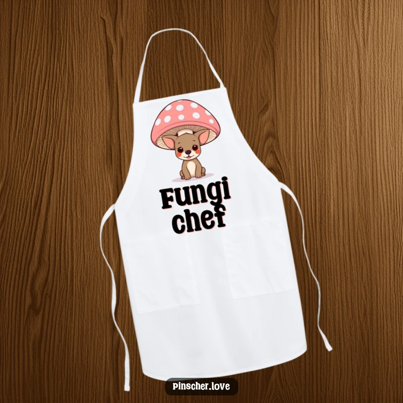 Funny pinscher dog peeking from under a giant polka-dotted mushroom on a kitchen apron, perfect for whimsical chefs