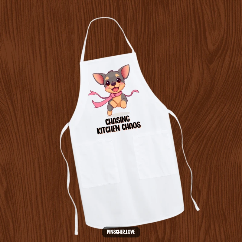 Funny pinscher puppy apron, depicting a small dog excitedly chasing a ribbon, ready for kitchen duty. Humorous and practical for cooks.