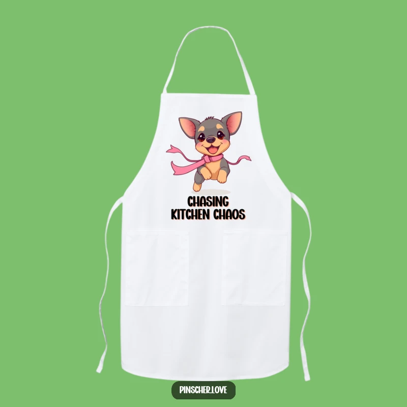 Funny Pinscher Puppy Ribbon Chase Apron - Playful Kitchen Helper, Chef Gift
