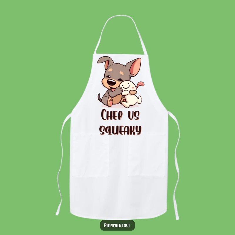Funny Pinscher Toy Wrestle Apron: Chef's Wear Featuring Playful Dog Antics