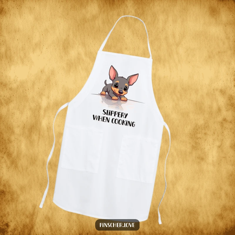 Funny Pinscher Apron showing a dog comically slipping on a slick surface, adding humor to cooking tasks.