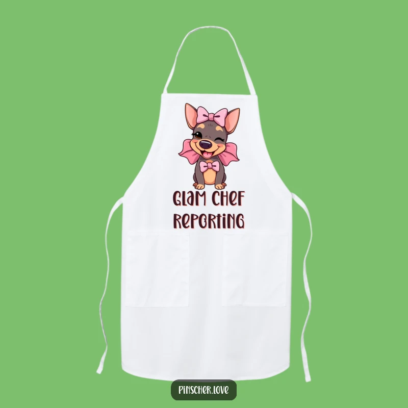 Funny Winking Pinscher Bow Apron: Cook with Flair and Canine Comedy!