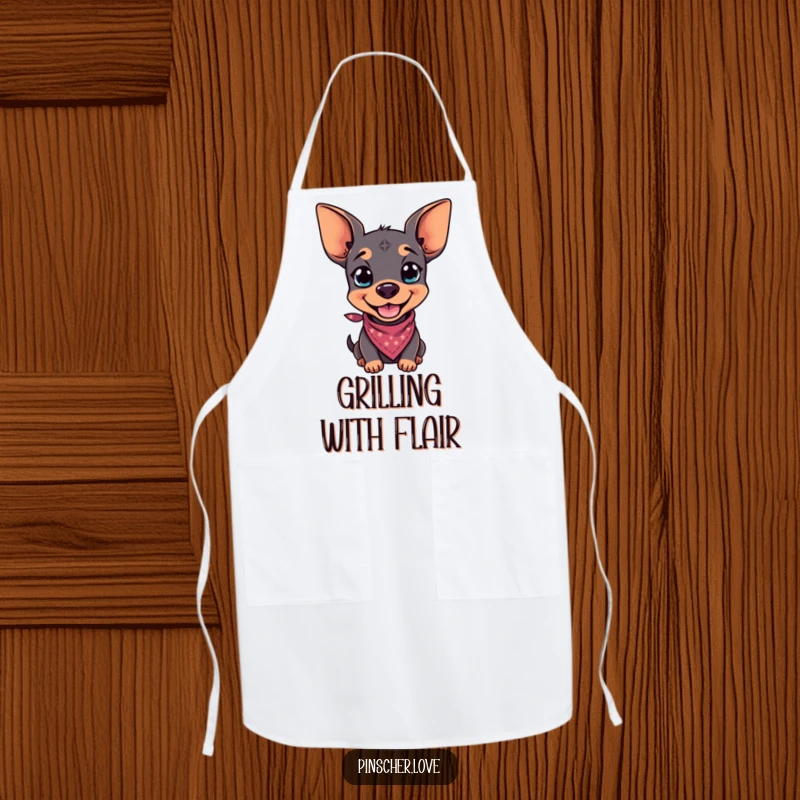 Funny apron showcasing a pinscher with a wide grin and a small bandana, perfect for stylish cooks who love dogs.