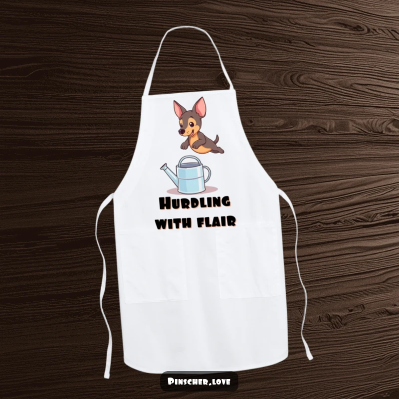 Funny pinscher dog apron design featuring a dramatic leap over a watering can, ideal for a humorous cooking experience