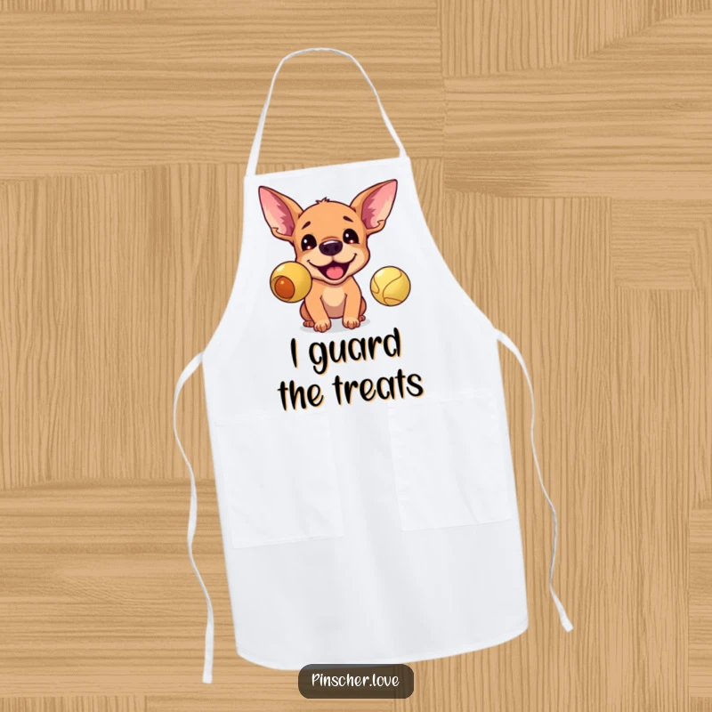 Funny apron featuring an energetic pinscher barking excitedly at a bouncing ball, perfect for those who love cooking and dogs.