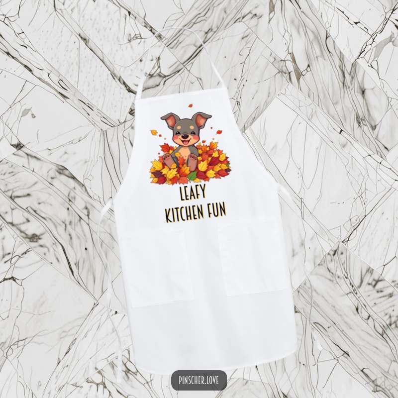 Funny apron featuring a pinscher character joyfully rolling in a pile of colorful autumn leaves.