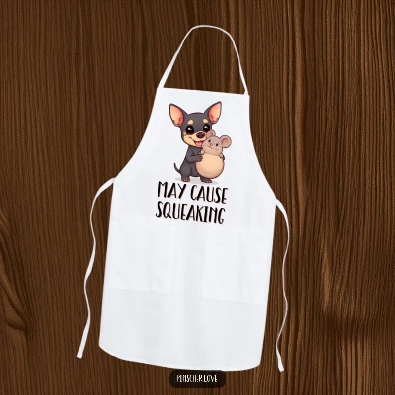 Funny Pinscher apron depicting a happy dog ready to cook, proudly holding a huge squeaky toy mouse, adding whimsy to the kitchen.