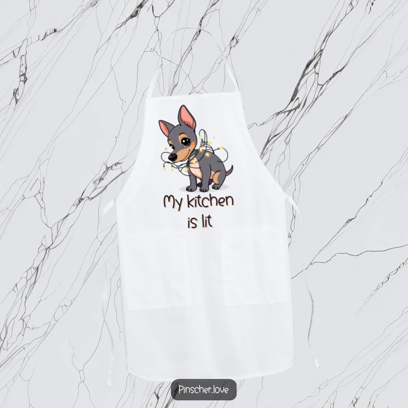 Funny Pinscher apron showing a Pinscher dog playfully tangled in a string of small, glowing fairy lights.