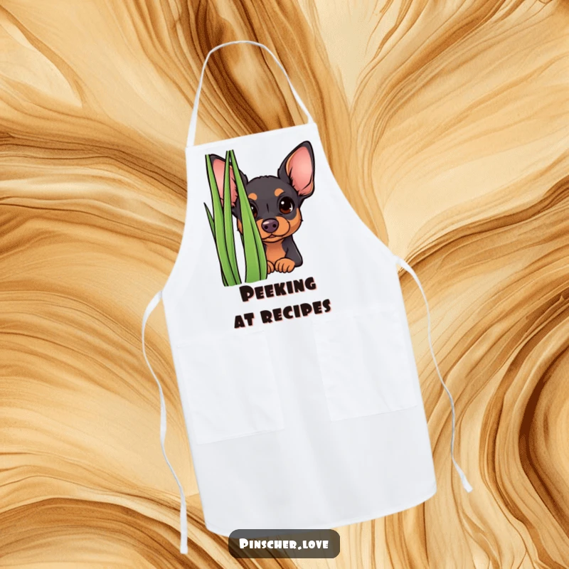 Funny curious pinscher apron, showing a small dog peeking from behind grass, ready for kitchen adventures. Humorous and practical.