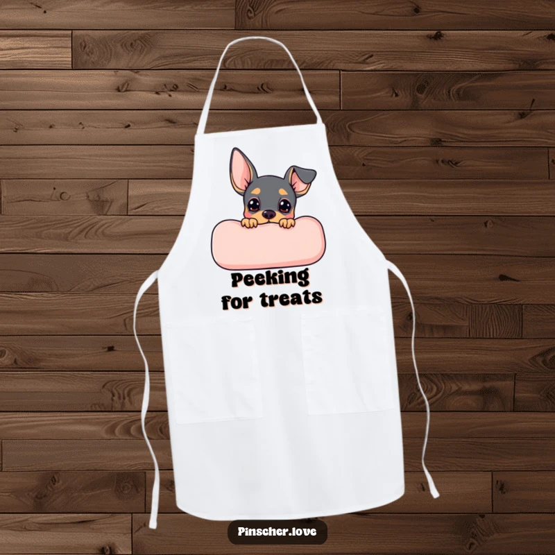 Funny Pinscher apron showing a cute dog peeking from behind a cushion with an expectant look, ready for culinary adventures.