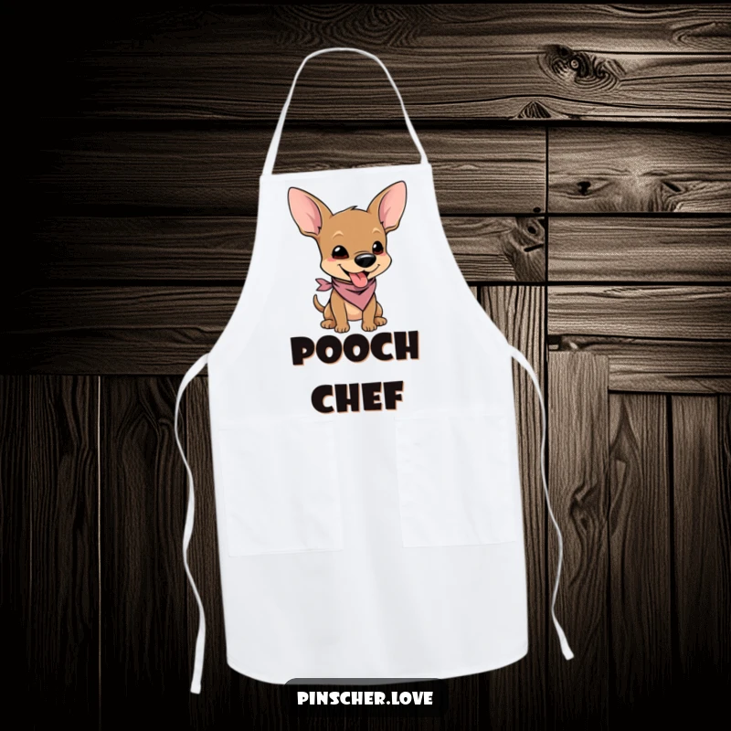 Funny apron featuring a pinscher character in a tiny bandana, wiggling with pure joy, adding cute humor to cooking.