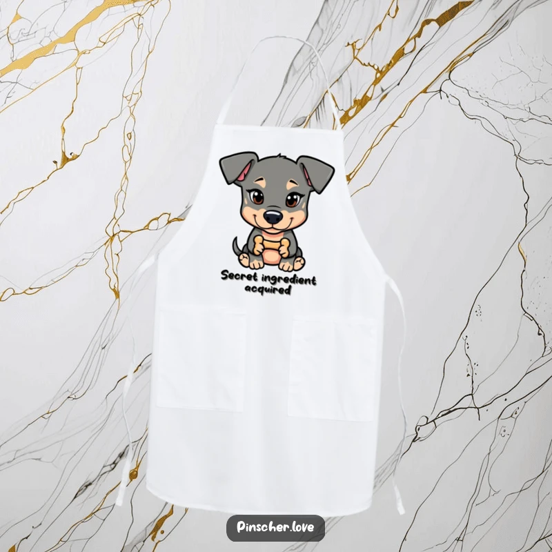 Funny Pinscher Apron: A dog with a mischievous glint holds a tiny bone, ready for kitchen capers.