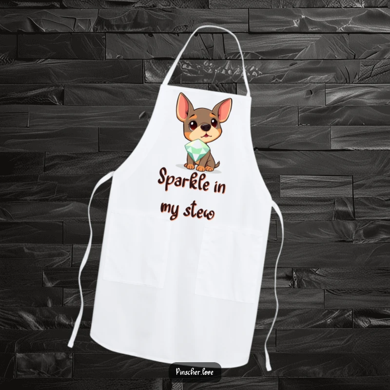 Funny Pinscher Apron showing a dog curiously looking at a giant sparkling gem, adding humor to cooking.