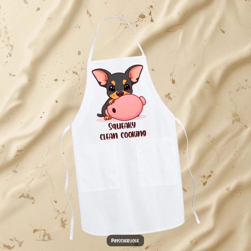Funny Pinscher apron, chef wear with dog with wide innocent eyes playfully nudging a giant squeaky toy, kitchen playtime, gift.