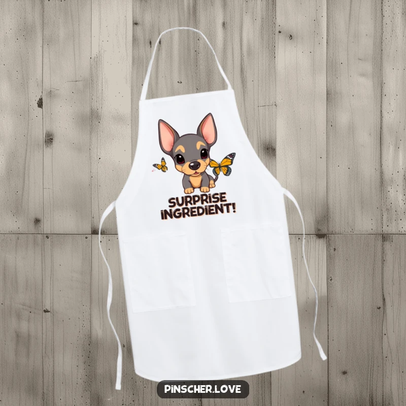 Funny Surprised Pinscher Apron: An apron design shows a pinscher with floppy ears and wide eyes, comically surprised by a fluttering butterfly.