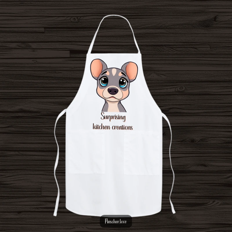 Funny apron featuring a surprised pinscher dog with wide, curious eyes. Ideal for dog-loving cooks.