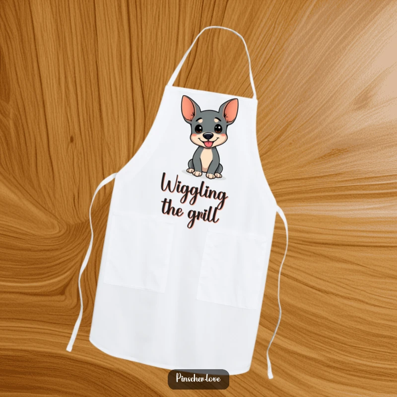 Funny apron featuring a Pinscher dog doing a happy wiggle, wagging stump, great for cooking and dog humor lovers, excellent funny gift.