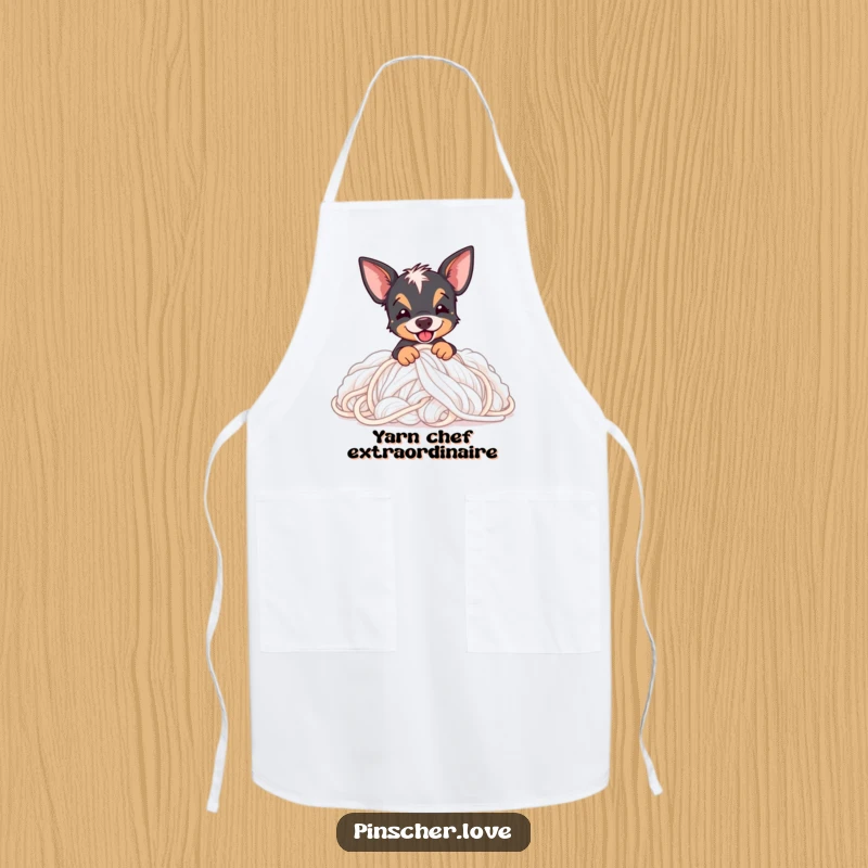 Funny Pinscher apron showing a Pinscher dog enthusiastically digging into a large pile of soft yarn, perfect for messy chefs.