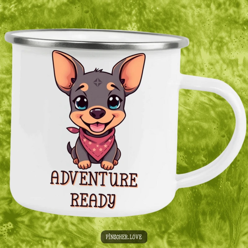 Funny camping mug showing a pinscher with a playful grin and a small bandana, perfect for stylish outdoor trips.
