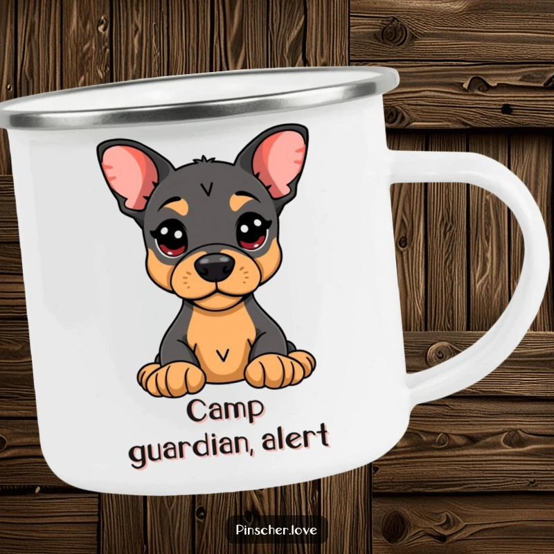 Funny Pinscher Camping Mug: An alert Pinscher guards a plush toy, making outdoor drinks fun and humorously protected.