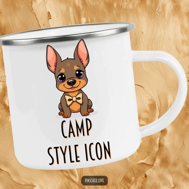 Funny camping mug featuring a Pinscher dog in a bowtie, posing proudly, durable enamelware, perfect funny gift for campers.