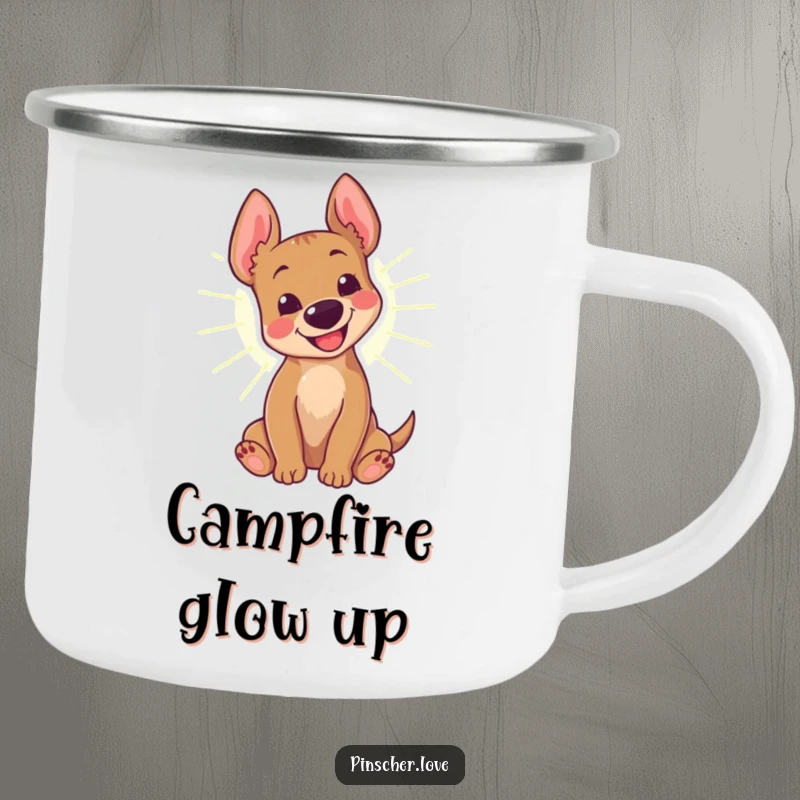 Funny Pinscher Camping Mug: A happy pinscher dog rolls in a sunbeam, ready for outdoor adventures.