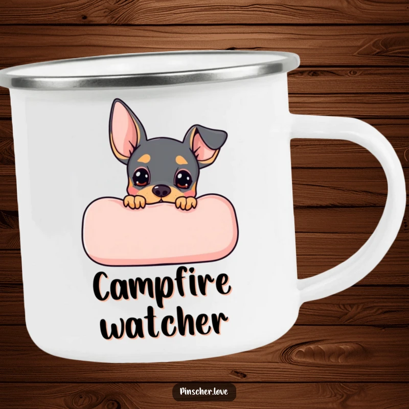 Funny Pinscher camping mug showing a cute dog peeking expectantly from behind a cushion, ready for outdoor fun.