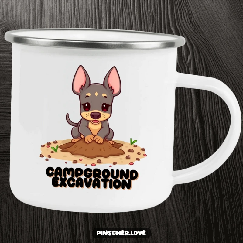 Funny Pinscher Camping Mug - A playful pinscher dog digging enthusiastically in the dirt, ready for outdoor fun, adding humorous dog charm to your adventures.