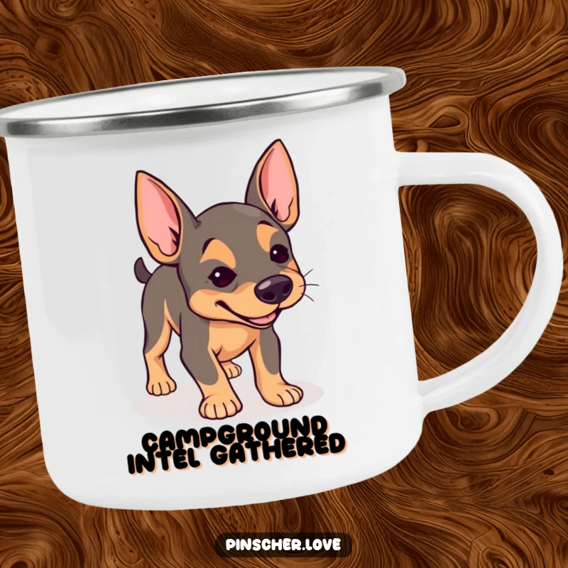 Funny Pinscher camping mug, enamel cup with dog with determined expression joyfully sniffing the ground, outdoor explorer, gift.