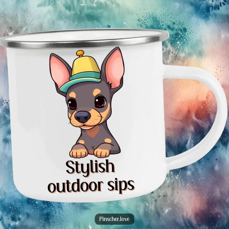 Funny Pinscher camping mug with a proud dog balancing a colorful hat on its nose, durable for outdoor use and stylish enjoyment.
