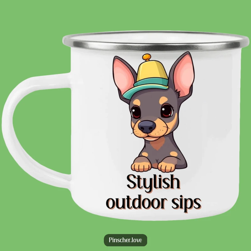 Durable Funny Pinscher Camping Mug: Balancing Hat, Outdoor Dog Lover Spirit