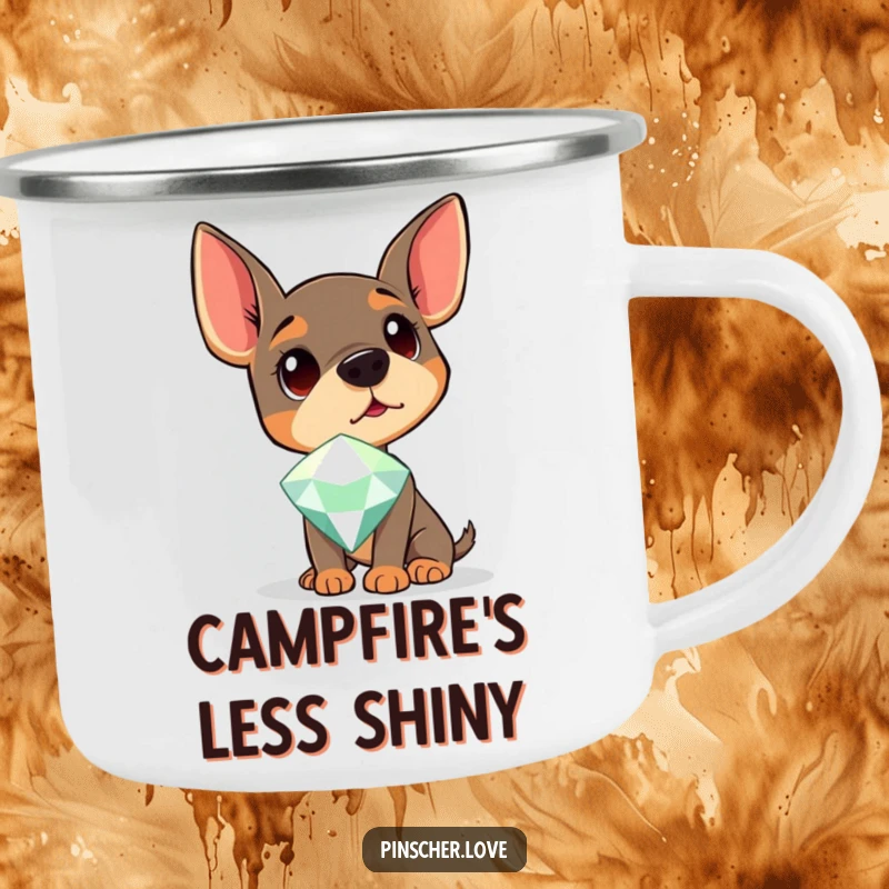 Funny Pinscher Camping Mug showing a dog curiously fixated on a sparkling gem, perfect for outdoor explorers.