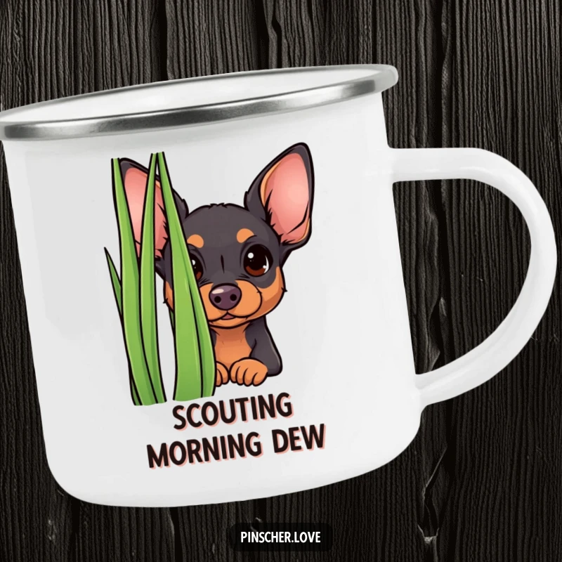 Funny curious pinscher camping mug, showing a small dog peeking from behind grass. Durable and humorous drinkware for outdoor lovers.