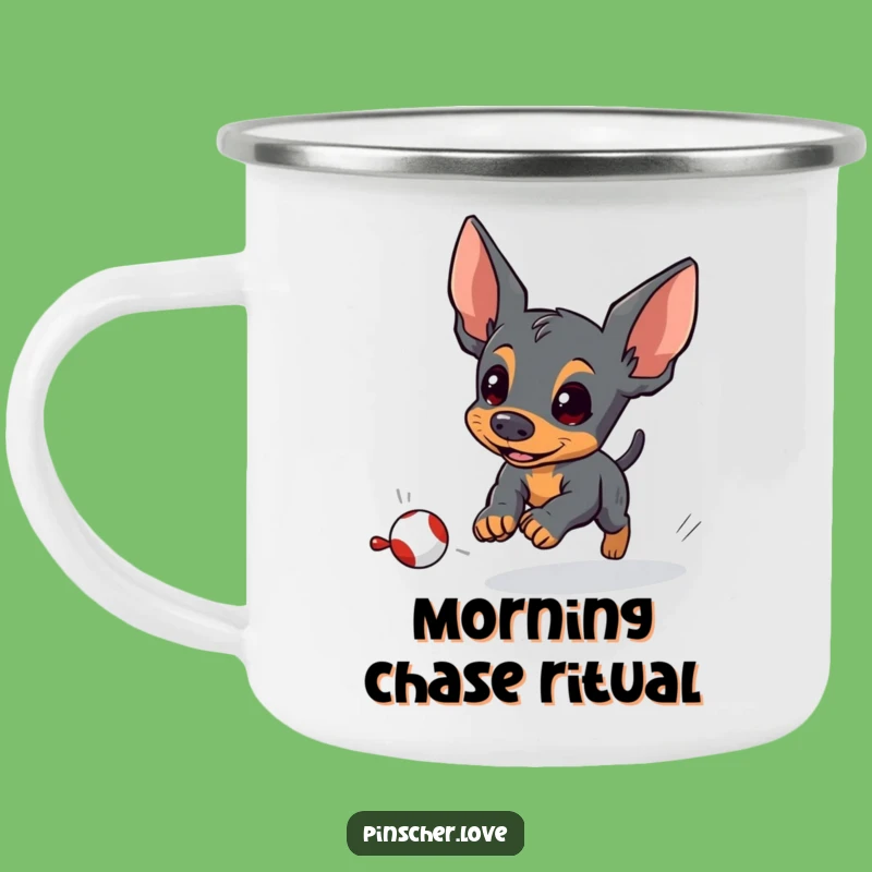 Funny Pinscher Camping Mug: Energetic Dog Toy Chase, Outdoor Funny Gift