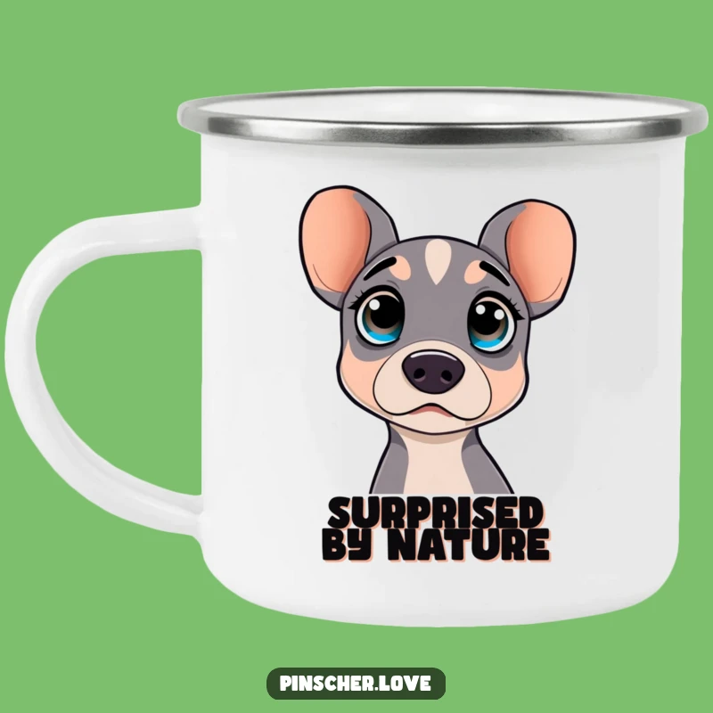 Funny Pinscher Camping Mug: Enjoy drinks with this surprised dog, a perfect funny pet gift.