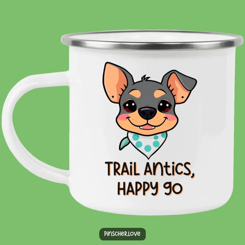 Funny Pinscher Camping Mug: Goofy Grin Dog w/ Bandana, Outdoor Pet Gift
